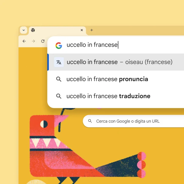 La pagina di ricerca di Google con un'immagine di un uccello e la ricerca: 'uccello in francese' con risultato 'oiseau'.