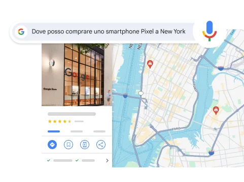 La ricerca vocale di: 'Dove posso comprare uno smartphone Pixel a New York' mostra come risultato un Google Store a New York.